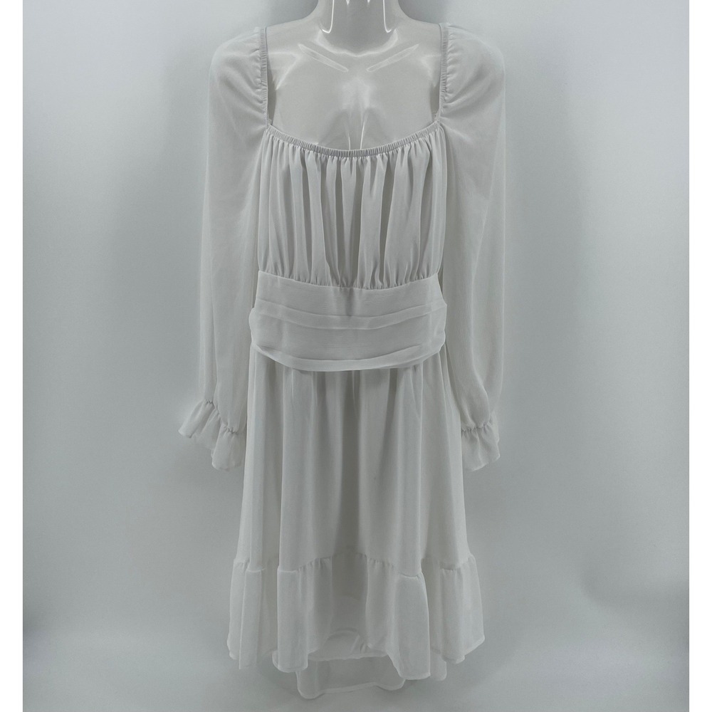 Exlura White Long Sleeve Cutout Back Mini Dress XXL Square Neck Ruffle Hem